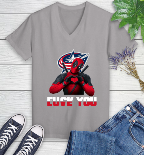 NHL Columbus Blue Jackets Deadpool Love You Fuck You Hockey Sports Women's V-Neck T-Shirt 4