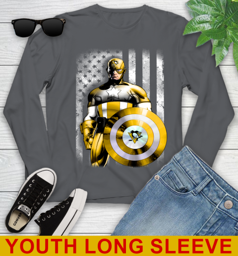 Pittsburgh Penguins NHL Hockey Captain America Marvel Avengers American Flag Shirt Youth Long Sleeve 9