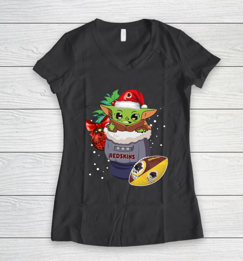Washington Redskins Christmas Baby Yoda Star Wars Funny Happy NFL Women's V-Neck T-Shirt 8