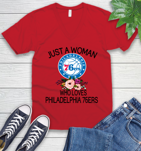 NBA Just A Woman Who Loves Philadelphia 76ers Basketball Sports V-Neck T-Shirt 4