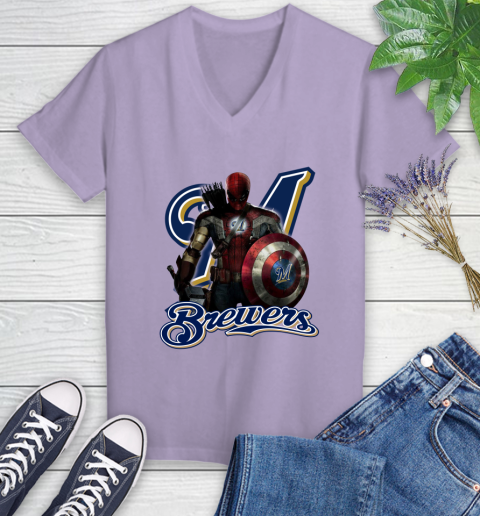 MLB Captain America Thor Spider Man Hawkeye Avengers Endgame Baseball Milwaukee Brewers Women's V-Neck T-Shirt 14