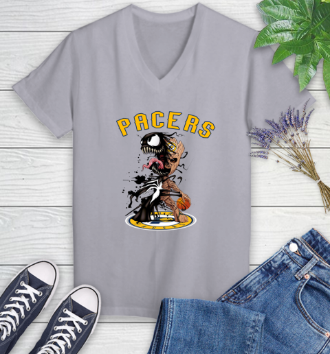 NBA Indiana Pacers Basketball Venom Groot Guardians Of The Galaxy Women's V-Neck T-Shirt 4