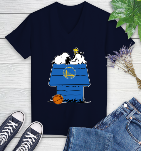 Golden State Warriors NBA Basketball Snoopy Woodstock The Peanuts Movie Women's V-Neck T-Shirt 3