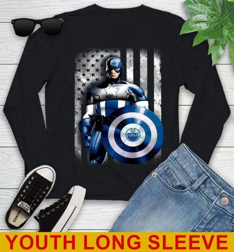 Edmonton Oilers NHL Hockey Captain America Marvel Avengers American Flag Shirt Youth Long Sleeve