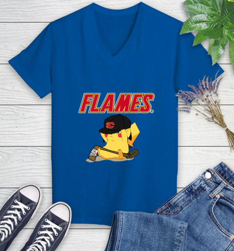 NHL Pikachu Hockey Sports Calgary Flames Women's V-Neck T-Shirt 10