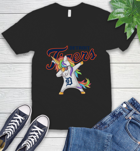Detroit Tigers MLB Baseball Funny Unicorn Dabbing Sports V-Neck T-Shirt 2