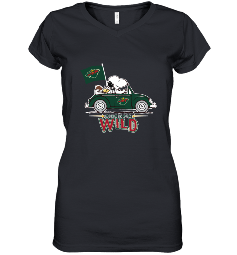 Snoopy And Woodstock Ride The Minnesota Wilds Car NHL Women's V-Neck T-Shirt