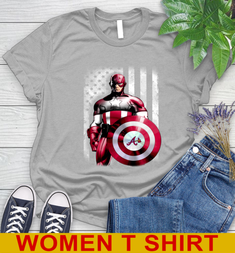 Atlanta Braves MLB Baseball Captain America Marvel Avengers American Flag Shirt Women's T-Shirt 5