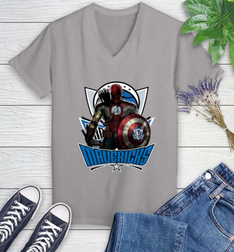 Dallas Mavericks NBA Basketball Captain America Thor Spider Man Hawkeye Avengers Women's V-Neck T-Shirt 4