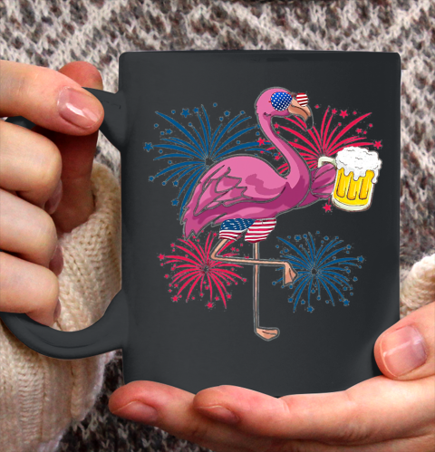 Beer Lover Funny Shirt Flamingo Cheer Beer American Flag Fireworks Independence Day Ceramic Mug 11oz