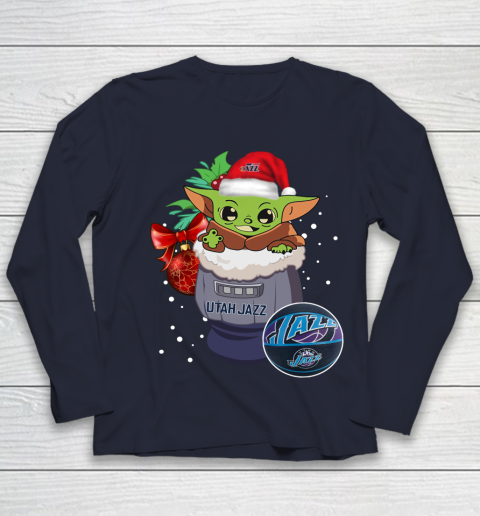 Utah Jazz Christmas Baby Yoda Star Wars Funny Happy NBA Youth Long Sleeve 3