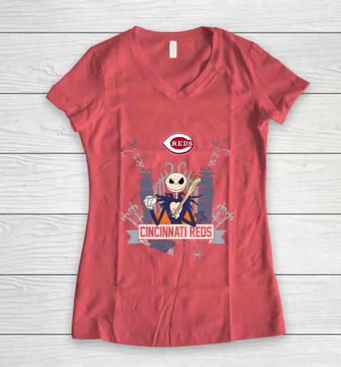 MLB Cincinnati Reds Baseball Jack Skellington Halloween Women's V-Neck T-Shirt 4