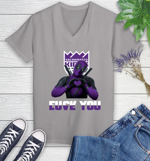 NBA Sacramento Kings Deadpool Love You Fuck You Basketball Sports Women's V-Neck T-Shirt 4