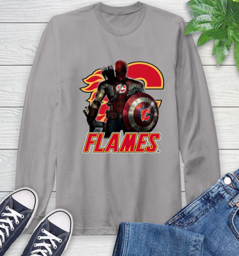 NHL Captain America Thor Spider Man Hawkeye Avengers Endgame Hockey Calgary Flames Long Sleeve T-Shirt 6