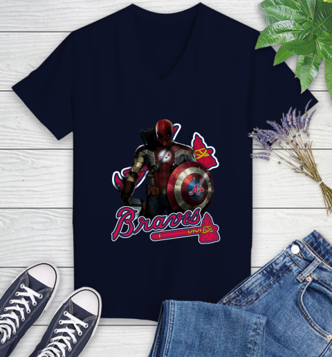 MLB Captain America Thor Spider Man Hawkeye Avengers Endgame Baseball Atlanta Braves Women's V-Neck T-Shirt 3