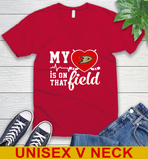 NHL My Heart Is On That Field Hockey Sports Anaheim Ducks V-Neck T-Shirt 6