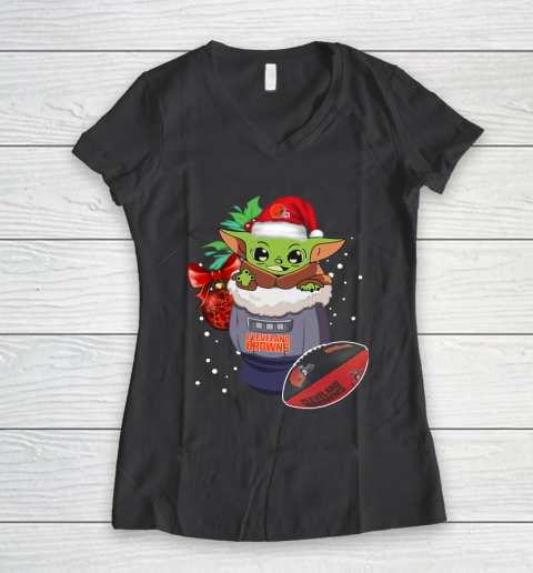 Cleveland Browns Christmas Baby Yoda Star Wars Funny Happy NFL Women's V-Neck T-Shirt 8