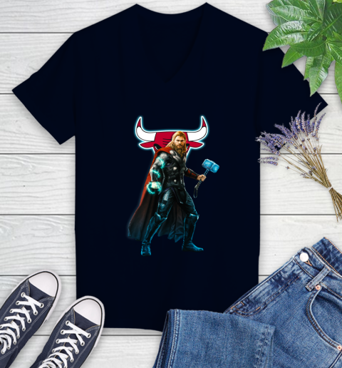 NBA Thor Avengers Endgame Basketball Chicago Bulls Women's V-Neck T-Shirt 3