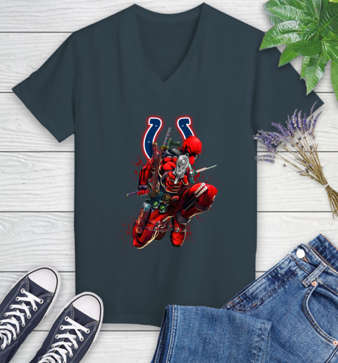 NFL Deadpool Marvel Comics Sports Football Indianapolis Colts Women's V-Neck T-Shirt 8