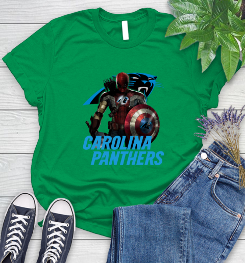 NFL Captain America Thor Spider Man Hawkeye Avengers Endgame Football Carolina Panthers Women's T-Shirt 6