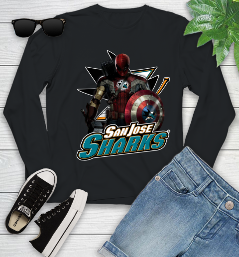 NHL Captain America Thor Spider Man Hawkeye Avengers Endgame Hockey San Jose Sharks Youth Long Sleeve 2