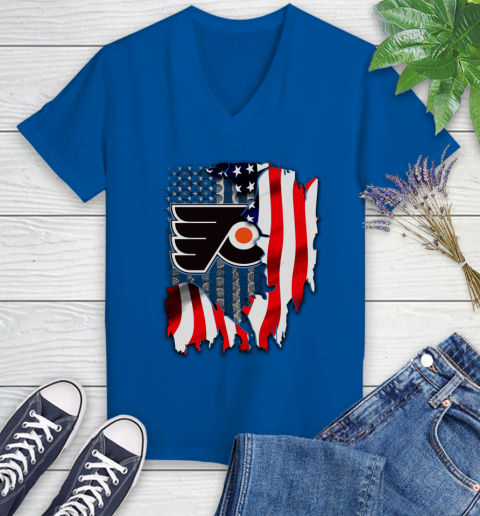 Philadelphia Flyers NHL Hockey American Flag Women's V-Neck T-Shirt 10