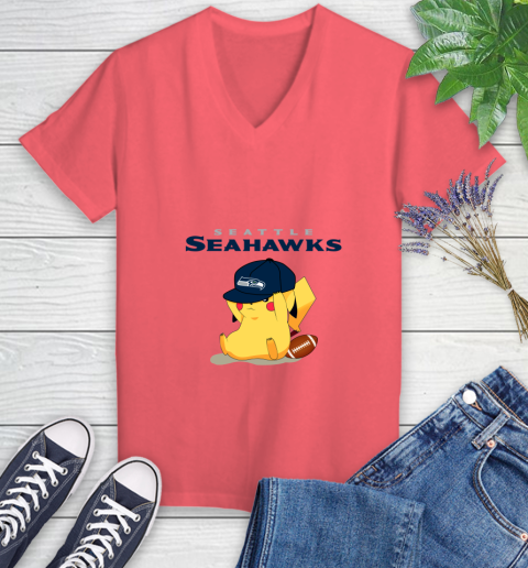 NFL Pikachu Football Seattle Seahawks Women's V-Neck T-Shirt 6