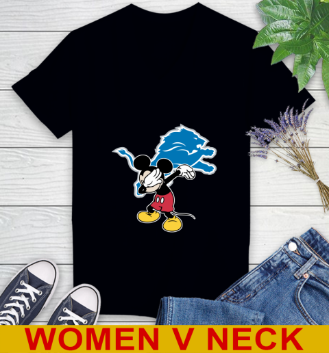 Detroit Lions NFL Football Dabbing Mickey Disney Sports Women's V-Neck T-Shirt 2