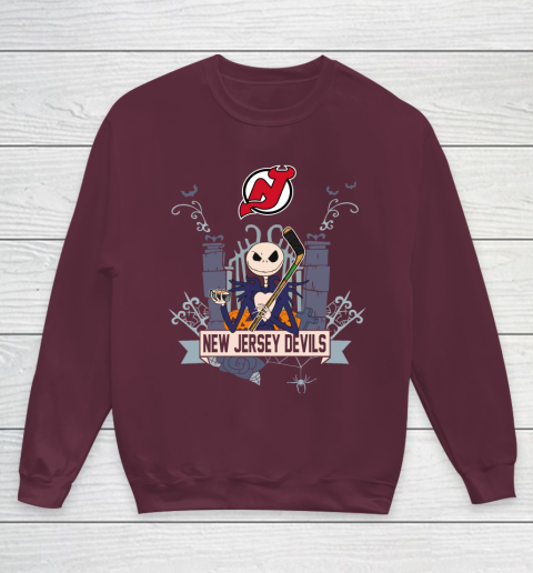NHL New Jersey Devils Hockey Jack Skellington Halloween Youth Sweatshirt 4