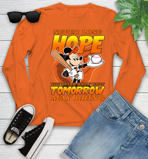 Baltimore Orioles MLB Baseball Mickey Disney Never Lose Hope Youth Long Sleeve 3