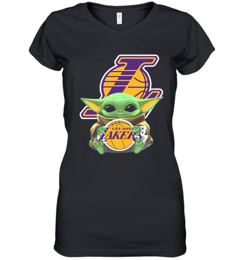 Baby Yoda Hug Los Angeles Lakers Women's V-Neck T-Shirt