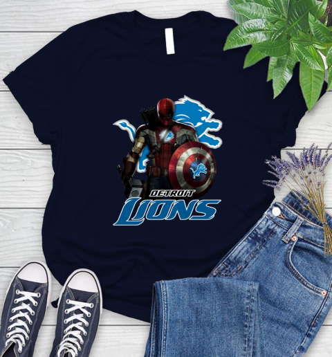 NFL Captain America Thor Spider Man Hawkeye Avengers Endgame Football Detroit Lions Women's T-Shirt 3