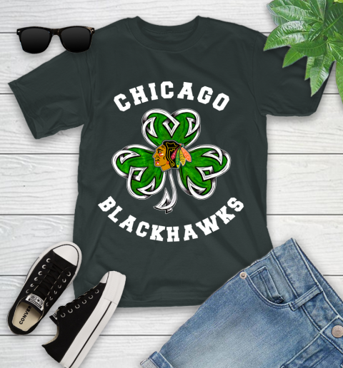 NHL Chicago Blackhawks Three Leaf Clover St Patrick's Day Hockey Sports Youth T-Shirt 6