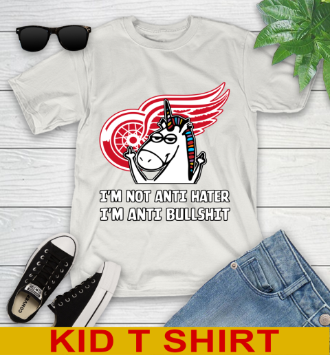 Detroit Red Wings NHL Hockey Unicorn I'm Not Anti Hater I'm Anti Bullshit Youth T-Shirt 12