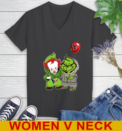 Houston Texans Baby Pennywise Grinch Christmas NFL Football Women's V-Neck T-Shirt 9