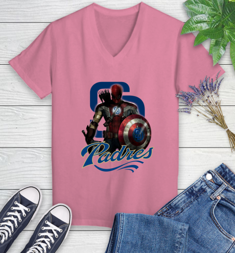 MLB Captain America Thor Spider Man Hawkeye Avengers Endgame Baseball San Diego Padres Women's V-Neck T-Shirt 13