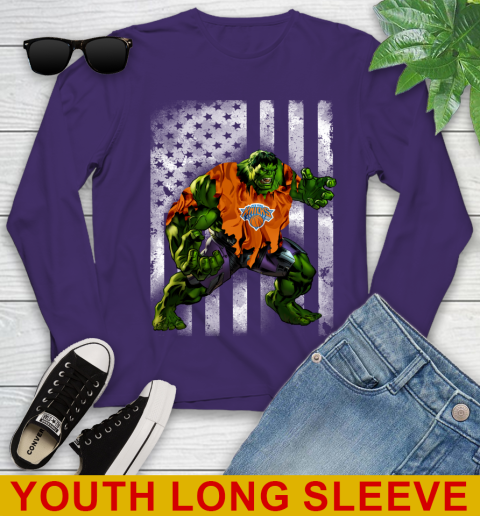 New York Knicks Hulk Marvel Avengers NBA Basketball American Flag Youth Long Sleeve 4
