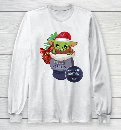 Charlotte Hornets Christmas Baby Yoda Star Wars Funny Happy NBA Long Sleeve T-Shirt 2
