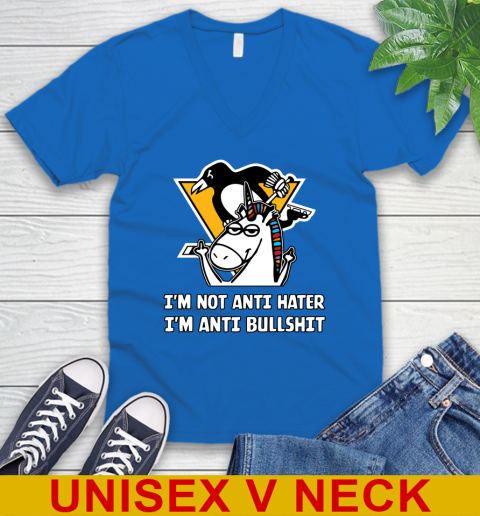 Pittsburgh Penguins NHL Hockey Unicorn I'm Not Anti Hater I'm Anti Bullshit V-Neck T-Shirt 6