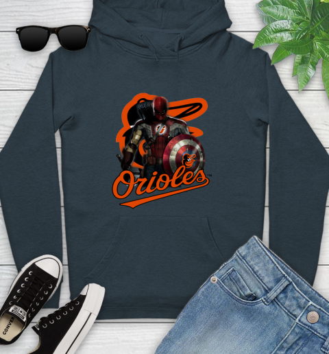 MLB Captain America Thor Spider Man Hawkeye Avengers Endgame Baseball Baltimore Orioles Youth Hoodie 8