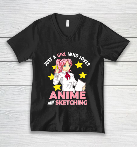 Just A Girl Who Loves Anime and Sketching Girls Anime Merch V-Neck T-Shirt