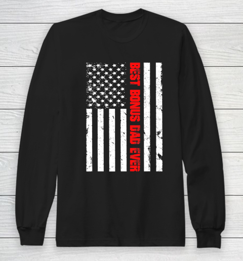Father's Day Funny Gift Ideas Apparel  Mens Best Bonus Dad Ever American Flag Fathers Day 4th of Ju Long Sleeve T-Shirt
