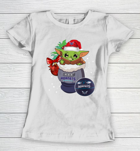 Charlotte Hornets Christmas Baby Yoda Star Wars Funny Happy NBA Women's T-Shirt 3