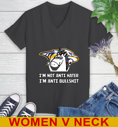 Nashville Predators NHL Hockey Unicorn I'm Not Anti Hater I'm Anti Bullshit Women's V-Neck T-Shirt 9