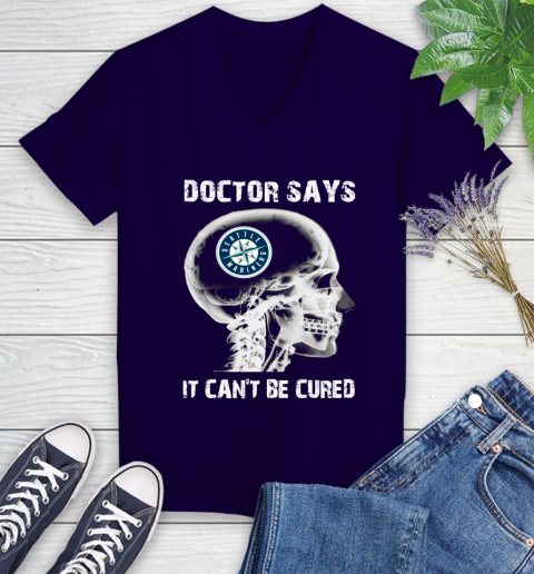 MLB Seattle Mariners Baseball Skull It Can't Be Cured Shirt Women's V-Neck T-Shirt 3