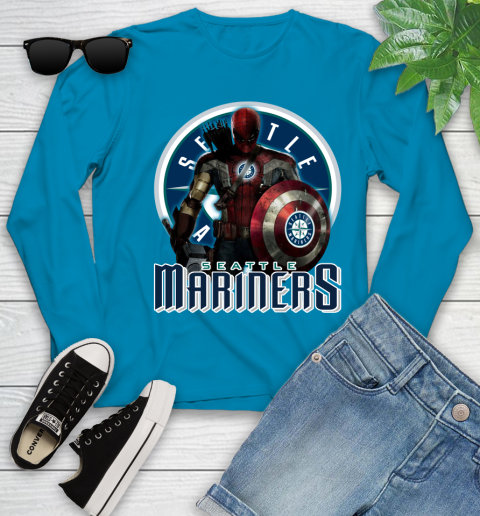 MLB Captain America Thor Spider Man Hawkeye Avengers Endgame Baseball Seattle Mariners Youth Long Sleeve 7