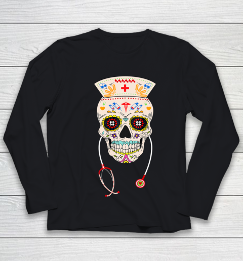 Nurse Sugar Skull Shirt Halloween Day Of The Dead Dia De Los Youth Long Sleeve