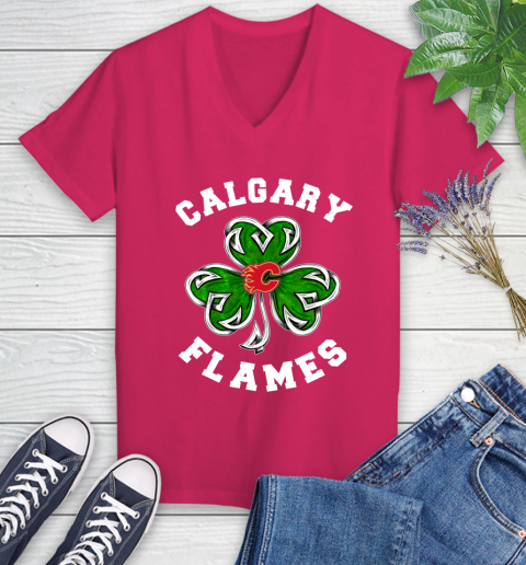 NHL Calgary Flames Three Leaf Clover St Patrick's Day Hockey Sports Women's V-Neck T-Shirt 9