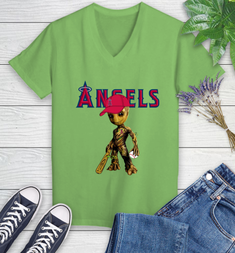 MLB Los Angeles Angels Groot Guardians Of The Galaxy Baseball Women's V-Neck T-Shirt 11