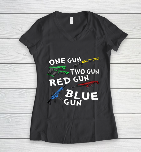 One Gun Two Gun Red Gun Blue Gun Women's V-Neck T-Shirt 6